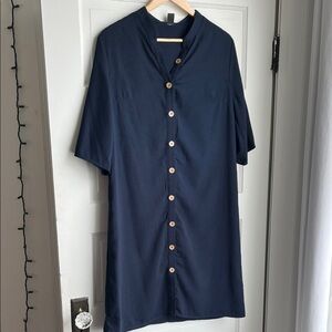 SHEIN Dark Blue Casual Shirt Dress with Wooden Buttons
